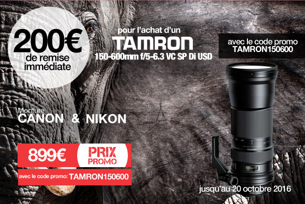200€ de remise immédiate pour l'achat d'un Tamron 150-600mm avec le code TAMRON150600