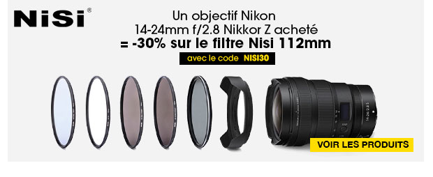 Un objectif Nikon 14-24mm f/2.8 Nikkor Z acheté = -30% sur le filtre Nisi 112mm avec le code NISI30