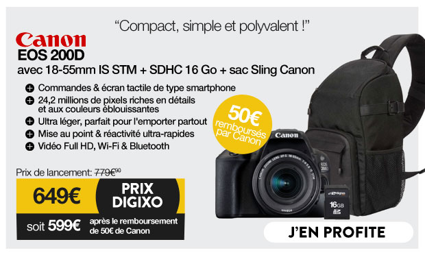 Compact, simple et polyvalent ! EOS 200D + 18-55mm IS STM + SDHC 16 Go + sac Sling Canon 